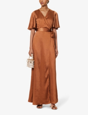 Shop Six Stories Women's Rust Wrap-over Short-sleeved Woven Maxi Dress In Orange