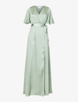 Six Stories Wrap-over Short-sleeved Woven Maxi Dress In Pale Green