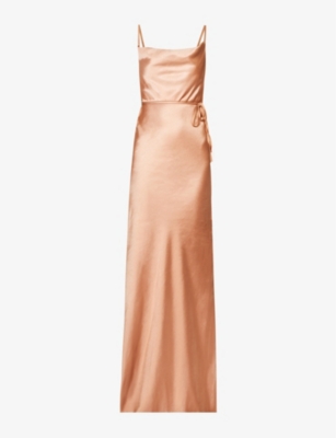 SIX STORIES: Cowl-neck flared-hem satin maxi dress