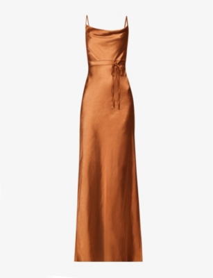 SIX STORIES: Cowl-neck flared-hem satin maxi dress