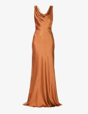 Six Stories Bridesmaids Twist Back Satin Slip Dress In Rust-copper In Rust