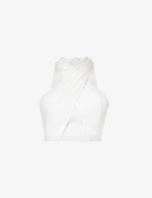 Six Stories Sleeveless Cropped Woven Top In White