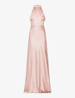 Six Stories Bridesmaids Halter Neck Satin Maxi Dress In Rose-pink