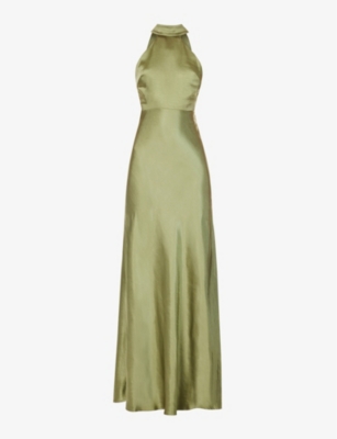 Six Stories Womens Moss Green Halterneck Slim-fit Satin Maxi Dress