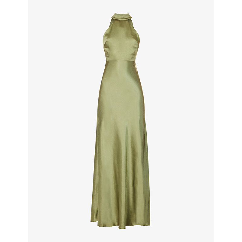 Six Stories Womens Moss Green Halterneck Slim-fit Satin Maxi Dress