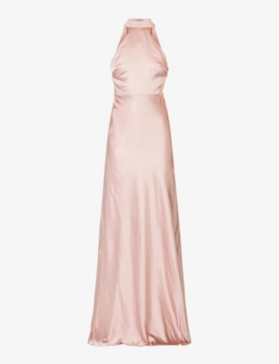 Six Stories Womens Rose Halterneck Slim-fit Satin Maxi Dress In Rose