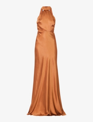 Six Stories Bridesmaids Halter Neck Satin Maxi Dress In Rust-copper