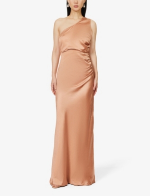 Shop Six Stories Women's Burnt Peach One-shoulder Ruched Satin Maxi Dress