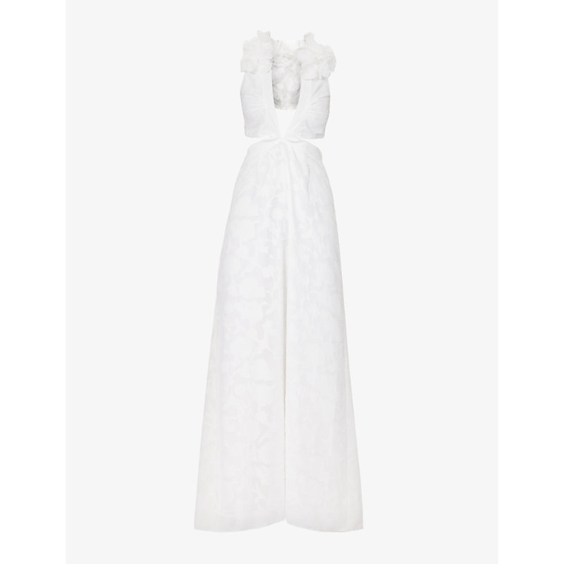 Six Stories Ruffled-shoulder Cut-out Stretch-woven Maxi Dress In White