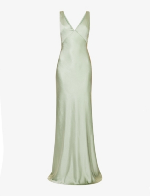 Six Stories Bridesmaids Cowl Back Satin Maxi Dress In Sage - Part Of A Set-green