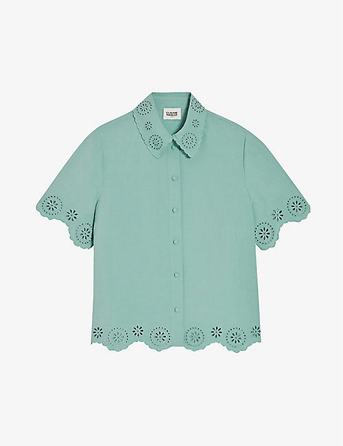 CLAUDIE PIERLOT: Caresse broderie-anglaise short-sleeve linen-blend shirt