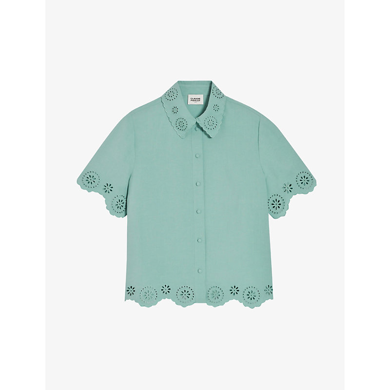Shop Claudie Pierlot Womens Verts Caresse Broderie-anglaise Short-sleeve Linen-blend Shirt