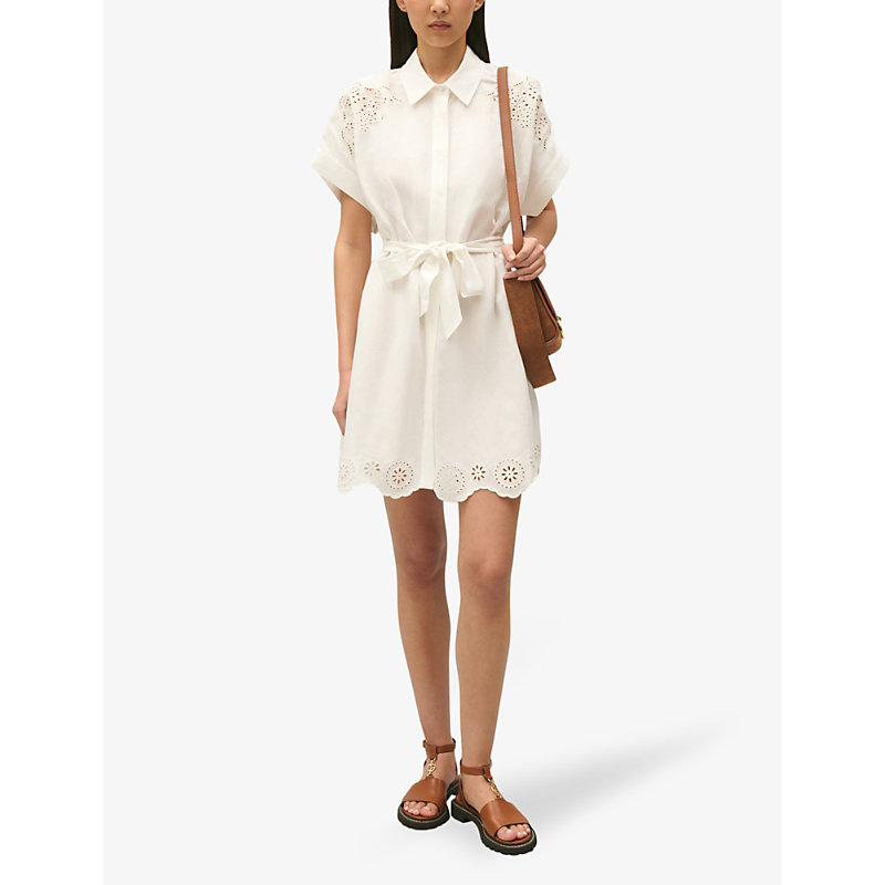 Shop Claudie Pierlot Women's Naturels Rafia Broderie-anglaise Belted-waist Linen-blend Mini Dress