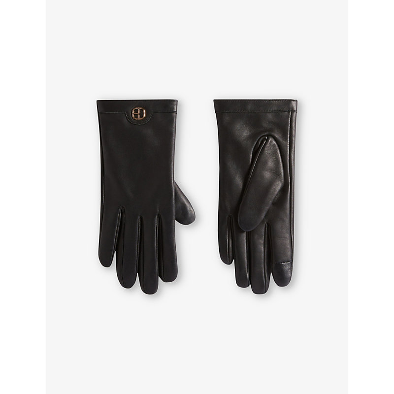 Shop Claudie Pierlot Womens Noir / Gris Alphonse Logo-plaque Leather Gloves