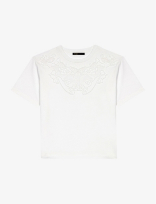 Maje Womens Blanc Embroidered Lace And Beaded-panelled Cotton T-shirt