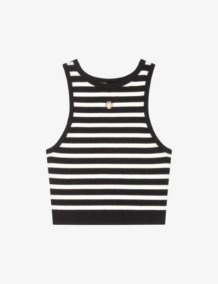 Shop Maje Women's Noir / Gris Marinelia Cropped Striped Stretch-knit Top In Monochrome