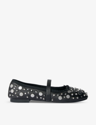 Shop Maje Womens Noir / Gris Faby Stud-embellished Leather Ballet Courts