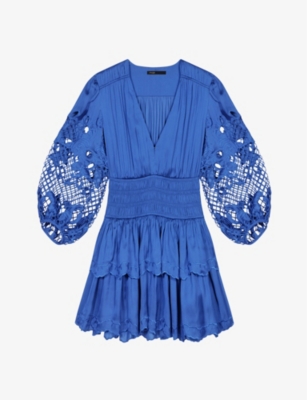 MAJE MAJE WOMENS BLEUS RUDMI RUFFLED EMBROIDERED SATIN MINI DRESS,68881598