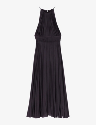 Maje Womens Noir / Gris Villy Halter-neck Pleated Satin Maxi Dress In Black