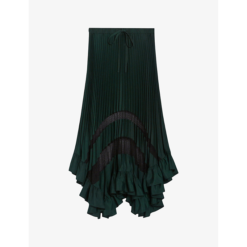 Shop Claudie Pierlot Womens Verts Selode Asymmetric-hem Pleated Woven Midi Skirt