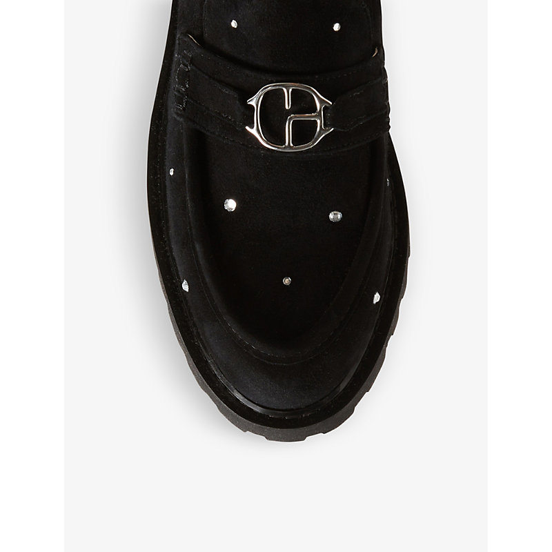 Shop Claudie Pierlot Womens Noir / Gris Strass Logo-strap Suede Loafers