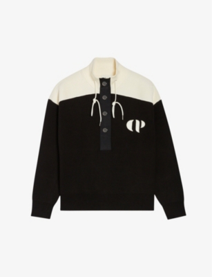 Shop Claudie Pierlot Womens Noir / Gris Minimum Logo-embroidered Half-zip Jersey Sweatshirt