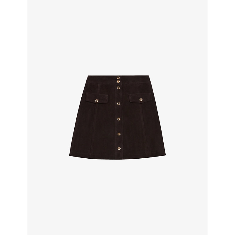 Claudie Pierlot Womens Bruns Flap-pocket Pressed-stud Leather Mini Skirt In Chocolate