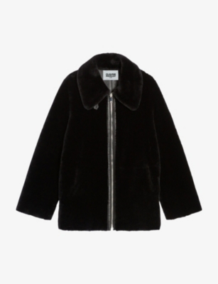 Claudie Pierlot Women's Noir / Gris High-neck Shearling Leather Coat