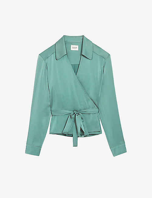 CLAUDIE PIERLOT: Bradella long-sleeve wrap-over woven blouse