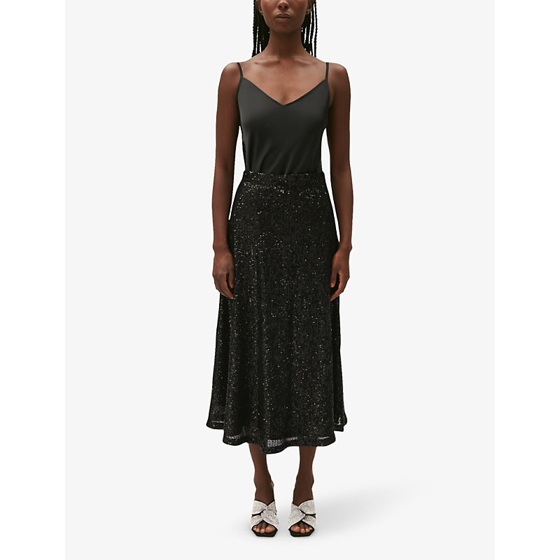 Shop Claudie Pierlot Womens Noir / Gris Apino Sequin-embellished Stretch-woven Midi Skirt