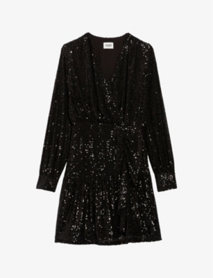 CLAUDIE PIERLOT CLAUDIE PIERLOT WOMEN'S NOIR / GRIS V-NECK SEQUIN-EMBELLISHED STRETCH-WOVEN MINI DRESS