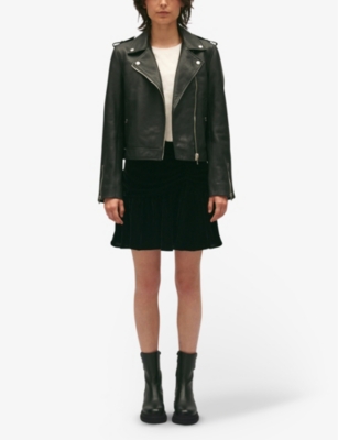 Shop Claudie Pierlot Women's Noir / Gris Silver-tone-hardware Zip-embellished Regular-fit Leather Jacket
