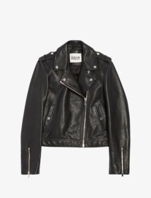 CLAUDIE PIERLOT: Silver-tone-hardware zip-embellished regular-fit leather jacket