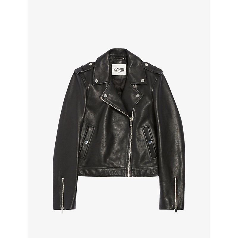 Claudie Pierlot Womens Noir / Gris Silver-tone-hardware Zip-embellished Regular-fit Leather Jacket