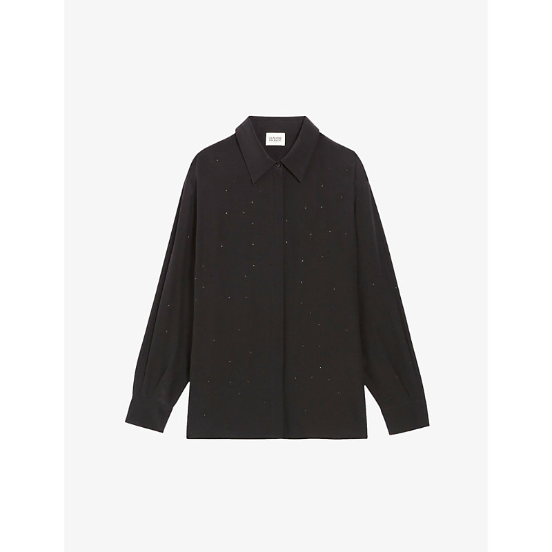 Claudie Pierlot Women's Noir / Gris Rhinestone-embellished Relaxed-fit Silk Shirt