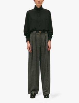 Shop Claudie Pierlot Women's Noir / Gris Colombe Ruffle-collar Long-sleeve Silk Blouse