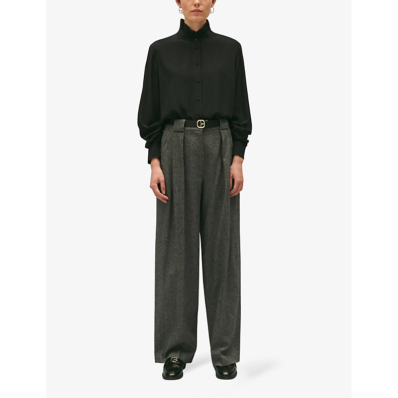 Shop Claudie Pierlot Womens Noir / Gris Colombe Ruffle-collar Long-sleeve Silk Blouse