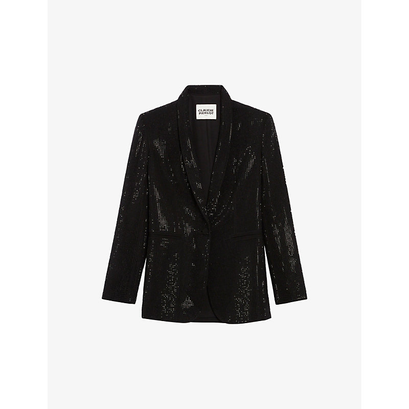 Claudie Pierlot Womens Noir / Gris Shawl-lapel Sequin-embellished Woven Blazer