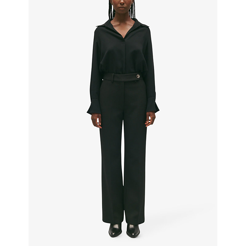 Shop Claudie Pierlot Womens Noir / Gris Camp-collar V-neck Woven Blouse