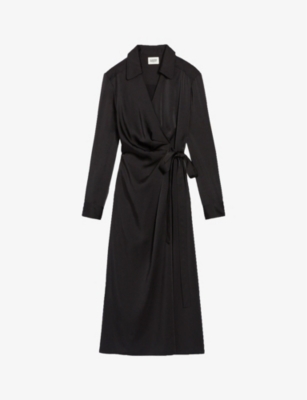 Claudie Pierlot Womens Noir / Gris Raquela Long-sleeve Wrap-over Woven Midi Dress