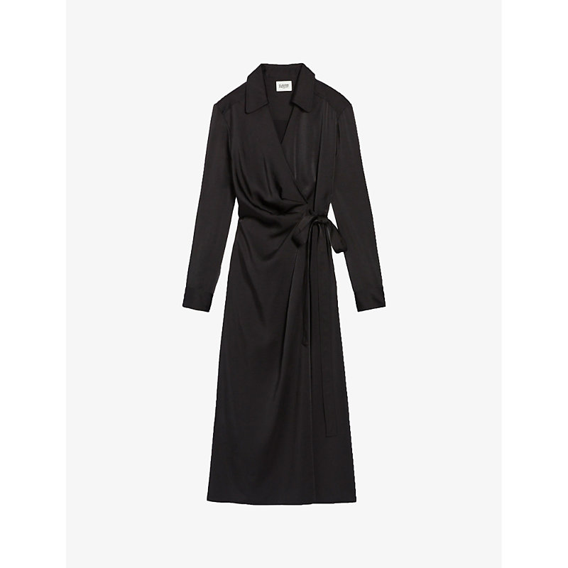 Claudie Pierlot Women's Noir / Gris Raquela Long-sleeve Wrap-over Woven Midi Dress