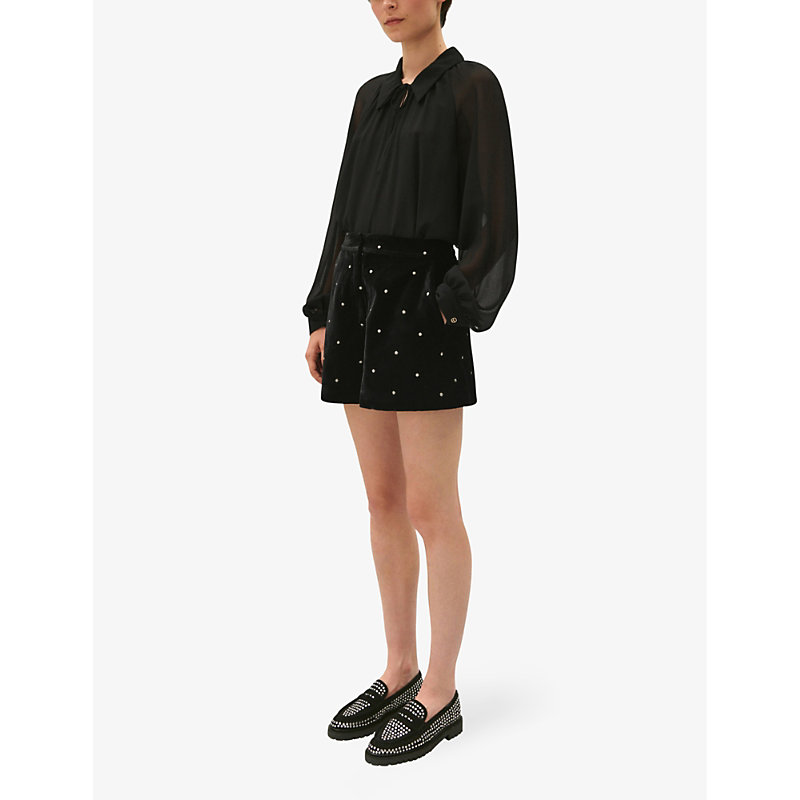 Shop Claudie Pierlot Womens Noir / Gris Edgard High-rise Stud-embellished Velour Shorts
