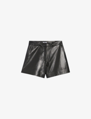 Shop Claudie Pierlot Women's Noir / Gris Camille Mid-rise Straight-fit Leather Shorts