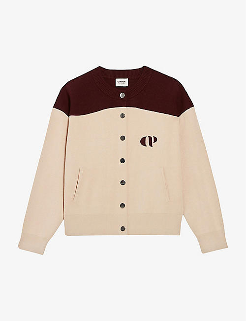 CLAUDIE PIERLOT: Minimum logo-embroidered two-tone knitted cardigan