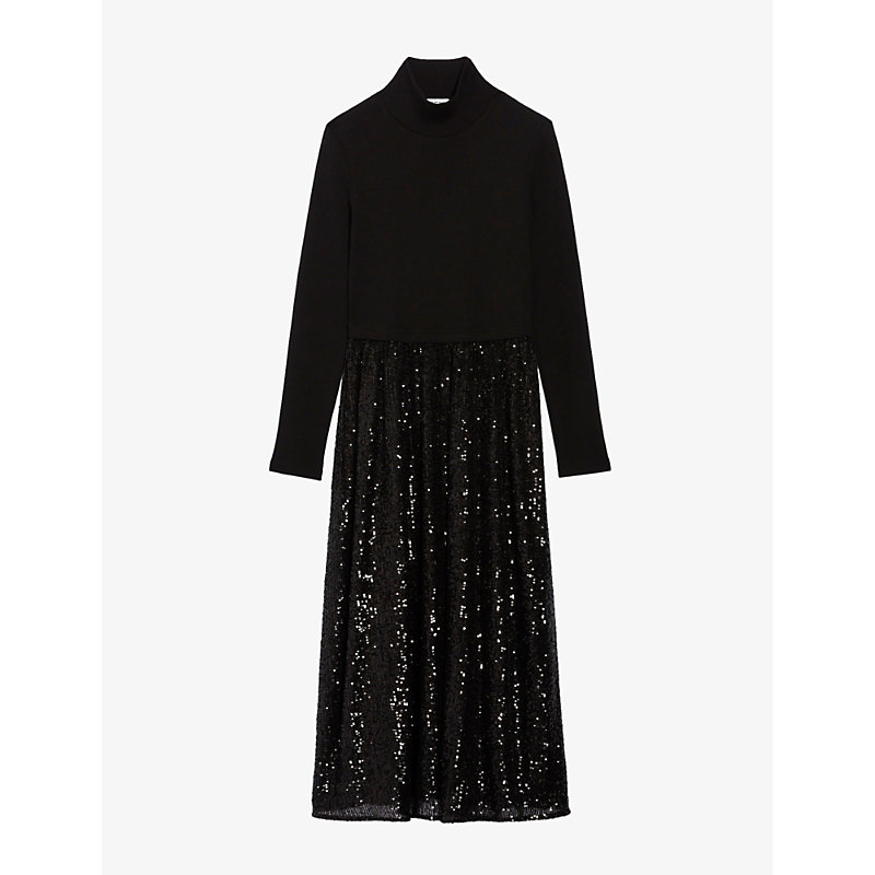 Claudie Pierlot Women's Noir / Gris Flared-sleeve Round-neck Woven Midi Dress