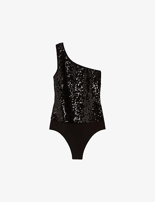 CLAUDIE PIERLOT: Sequin-embellished one-shoulder stretch-woven top