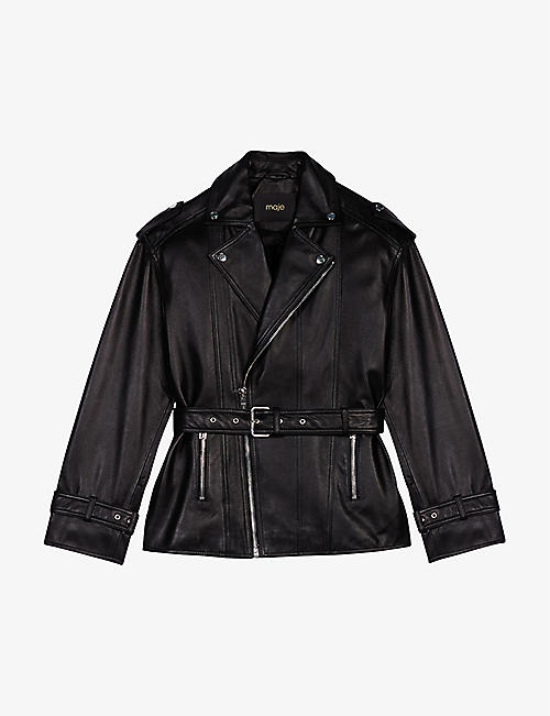 MAJE: Belfa belted-waist zip-up leather jacket