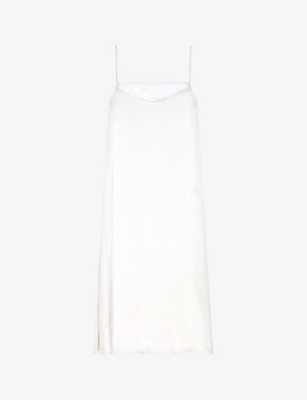 Maje Womens Blanc Rix Lace-trim Side-split Satin Midi Dress In White