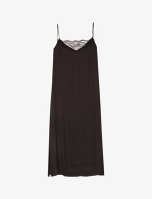 Maje Womens Black Rix Lace-trim Side-split Satin Midi Dress In Noir / Gris