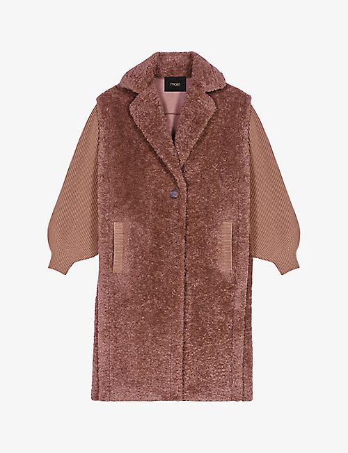 MAJE: Ribbed-sleeves and curly faux-fur coat